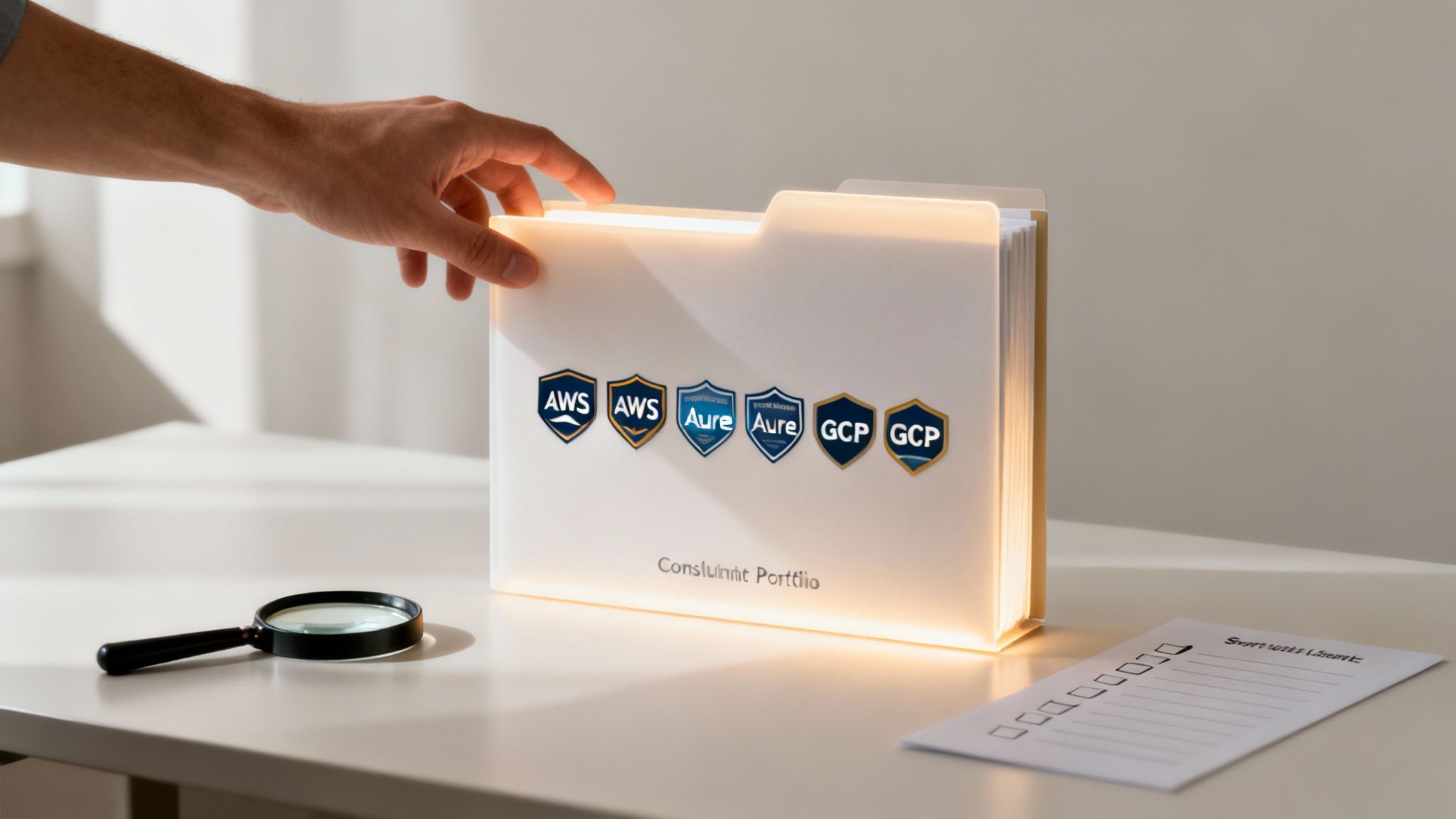 A person using a laptop to research and compare different cloud strategy consultant options on a screen.