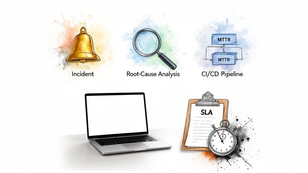 Illustrative diagram depicting software maintenance concepts: incident, root-cause analysis, CI/CD pipeline, and SLA.