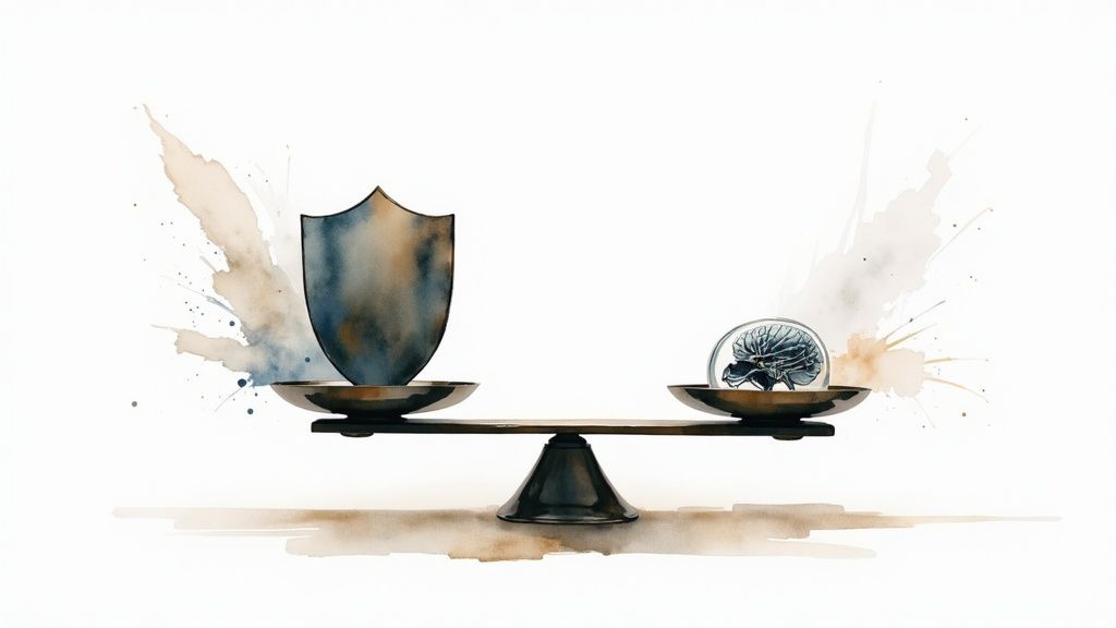 Watercolor image of a balance scale balancing a shield and a brain in a sphere, symbolizing security and intelligence.
