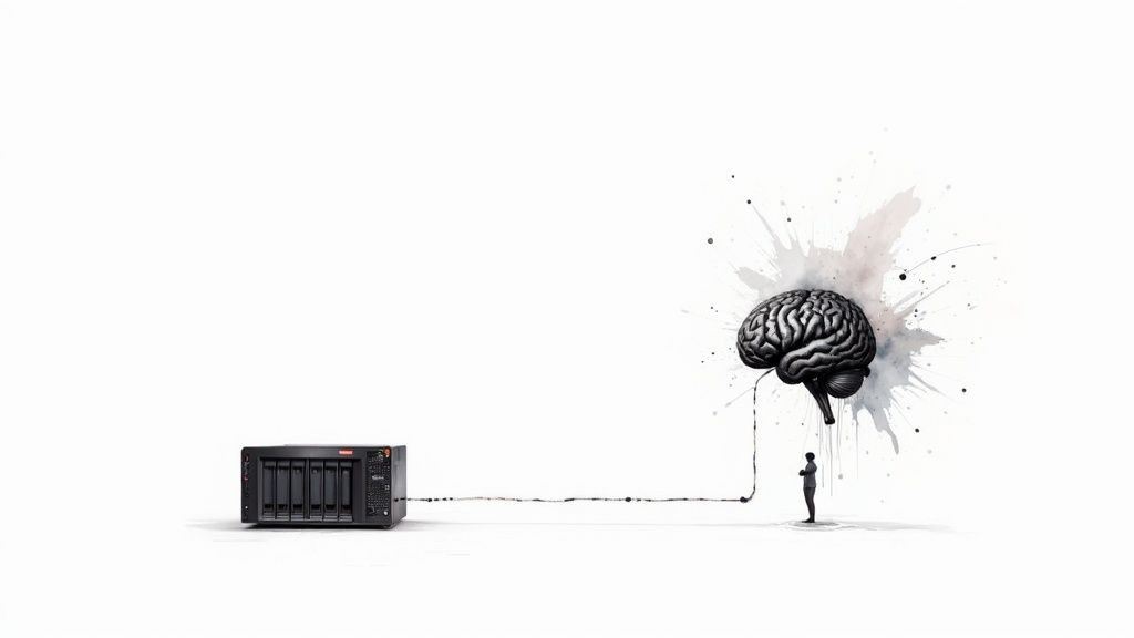 Ultimate Guide to Software Maintenance and Support Services - A human brain connected to a data server by a cable, with a small person observing, symbolizing AI and data.