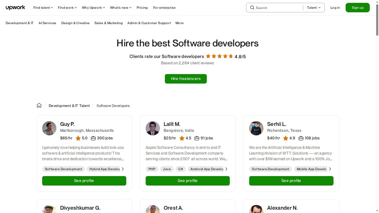 Upwork interface showing developer profiles