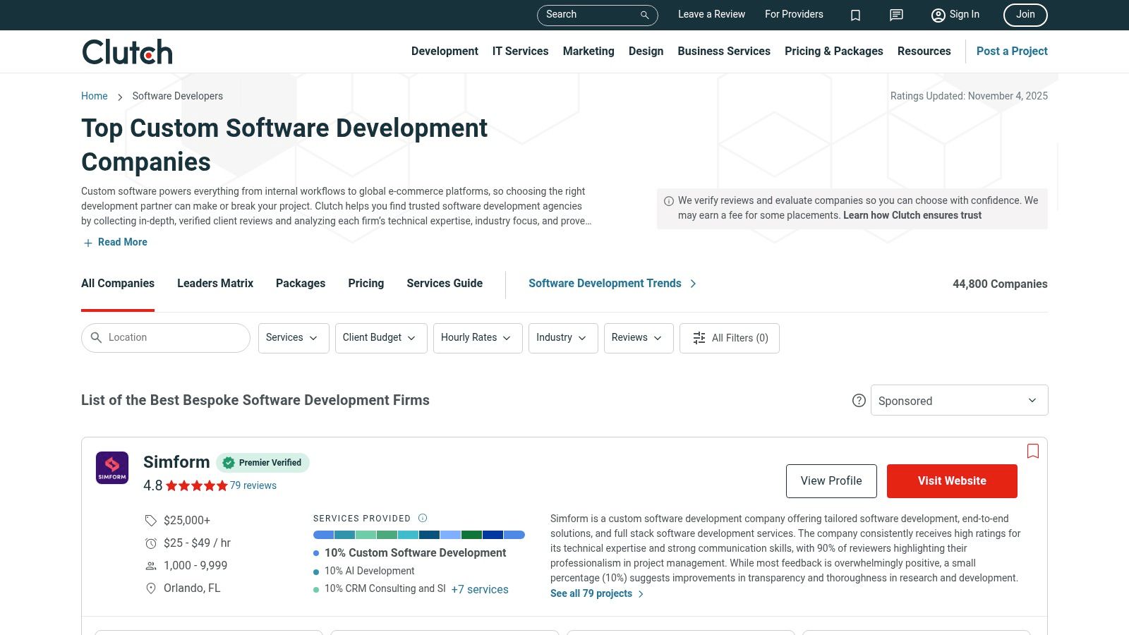 Clutch Leaders Matrix showing top custom software development companies