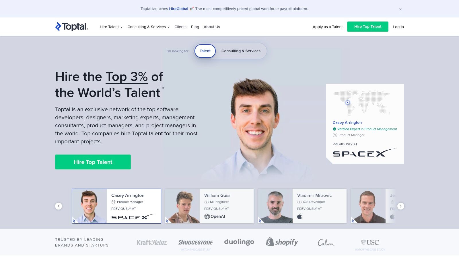 Toptal's platform showing expert talent profiles