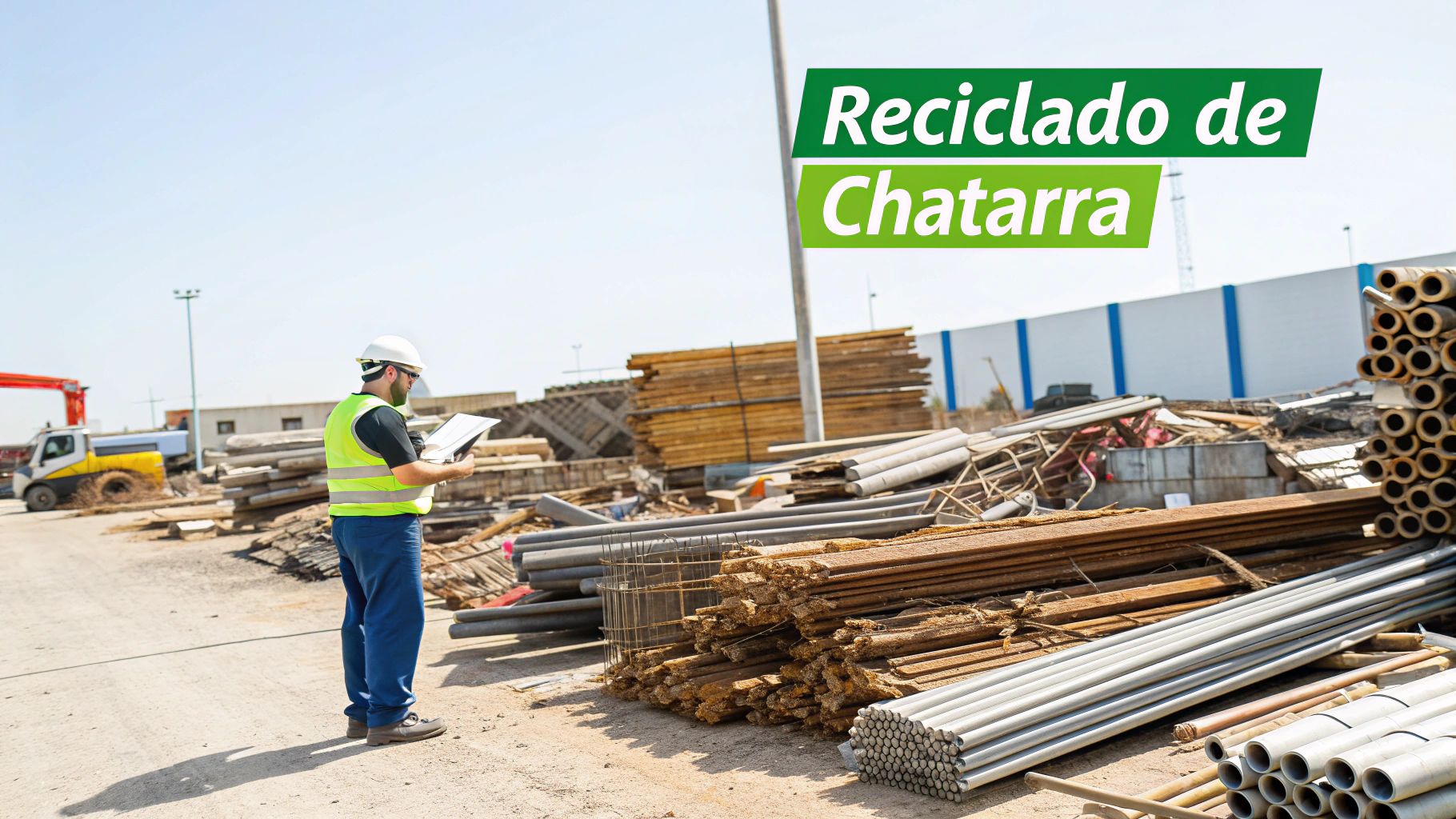 Hombre con casco y chaleco inspecciona chatarra en un patio de reciclaje industrial bajo el sol.