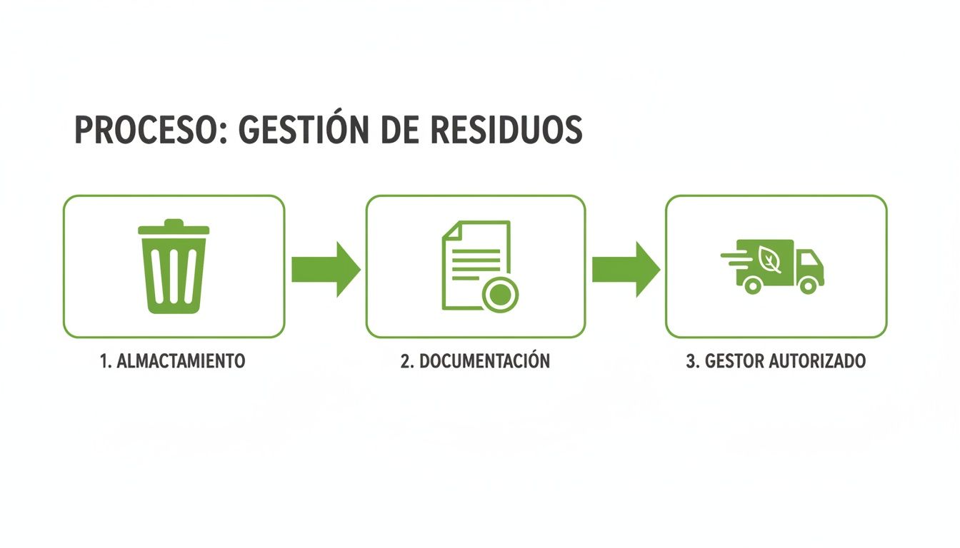 Diagrama de flujo del proceso de gestión de residuos: almacenamiento, documentación y gestor autorizado.