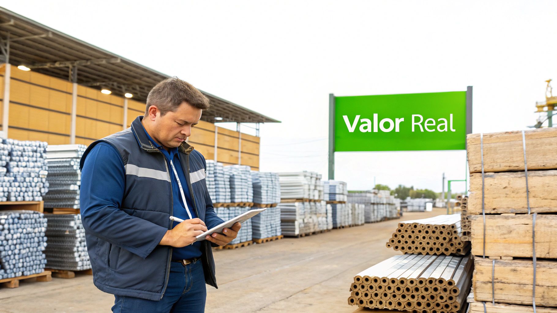Hombre en chaleco trabajando con una tablet en un almacén de materiales, con un letrero de 'Valor Real'.