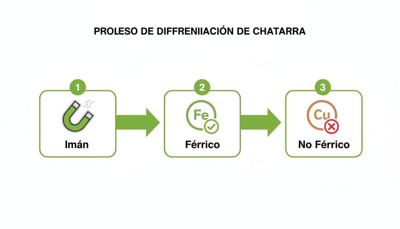 Diagrama que ilustra el proceso de diferenciación de chatarra en materiales férricos y no férricos utilizando un imán.