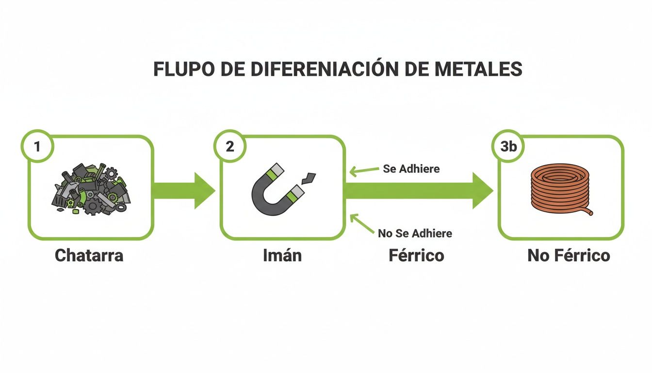 Diagrama de flujo para clasificar chatarra usando un imán, separando metales férricos de no férricos.
