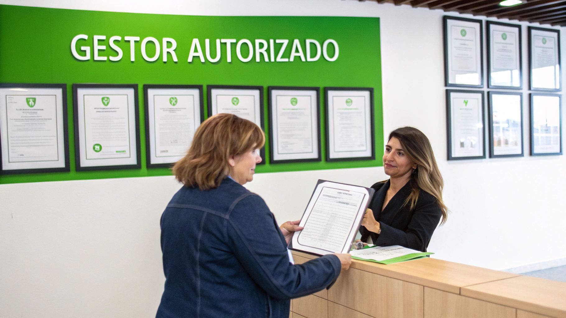 Dos mujeres intercambian un documento en un mostrador de recepción con una pared verde y certificados.