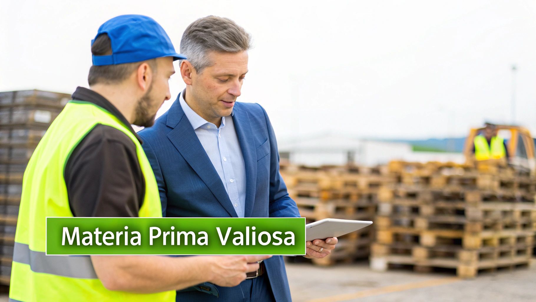 Dos profesionales analizan datos en una tableta en un patio industrial con palets, destacando 'Materia Prima Valiosa'.