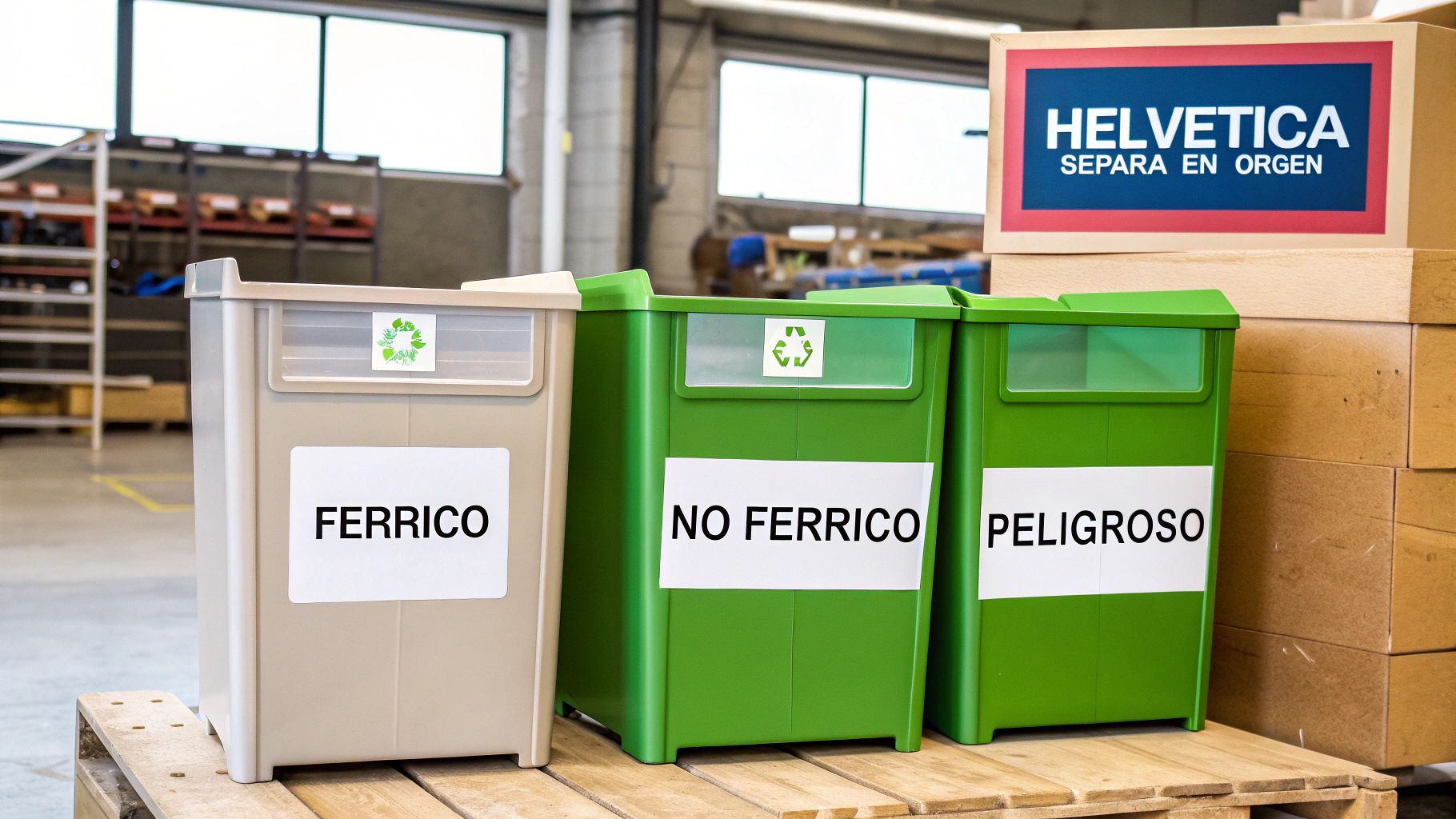 Contenedores de reciclaje industriales para residuos férricos, no férricos y peligrosos en un almacén.