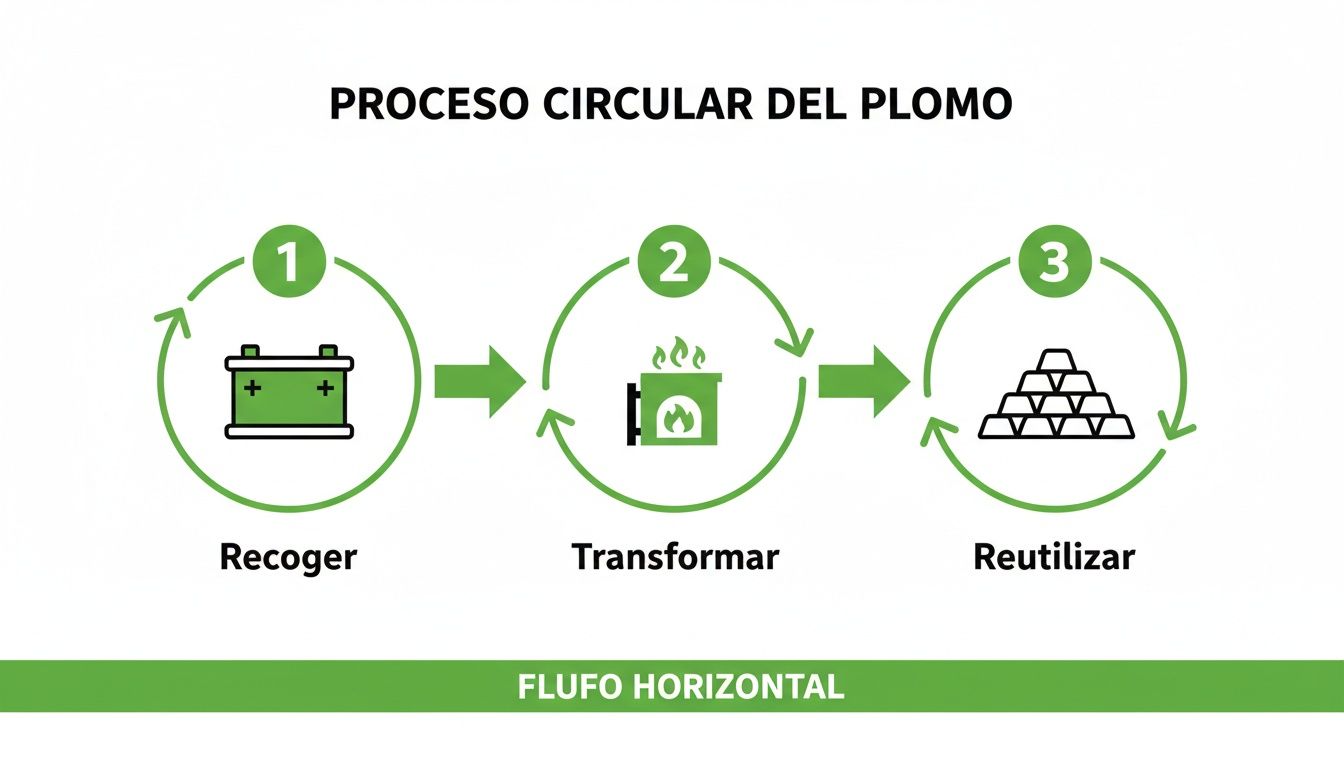 Diagrama del proceso circular del plomo: Recoger baterías, transformar en horno y reutilizar lingotes.