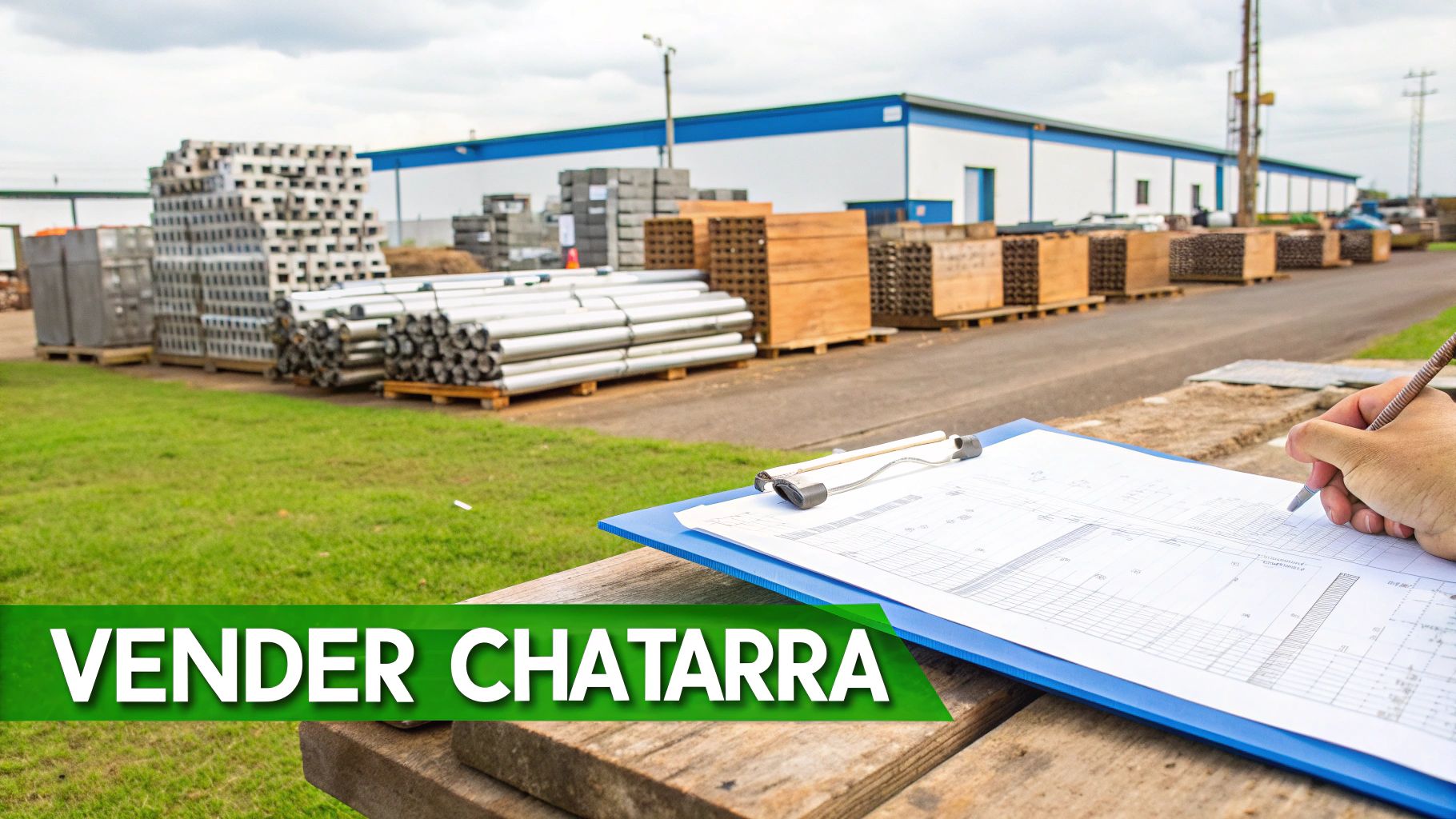 Mano escribiendo en planos sobre portapapeles azul en patio industrial con materiales y edificios. Leyenda 'VENDER CHatarra'.