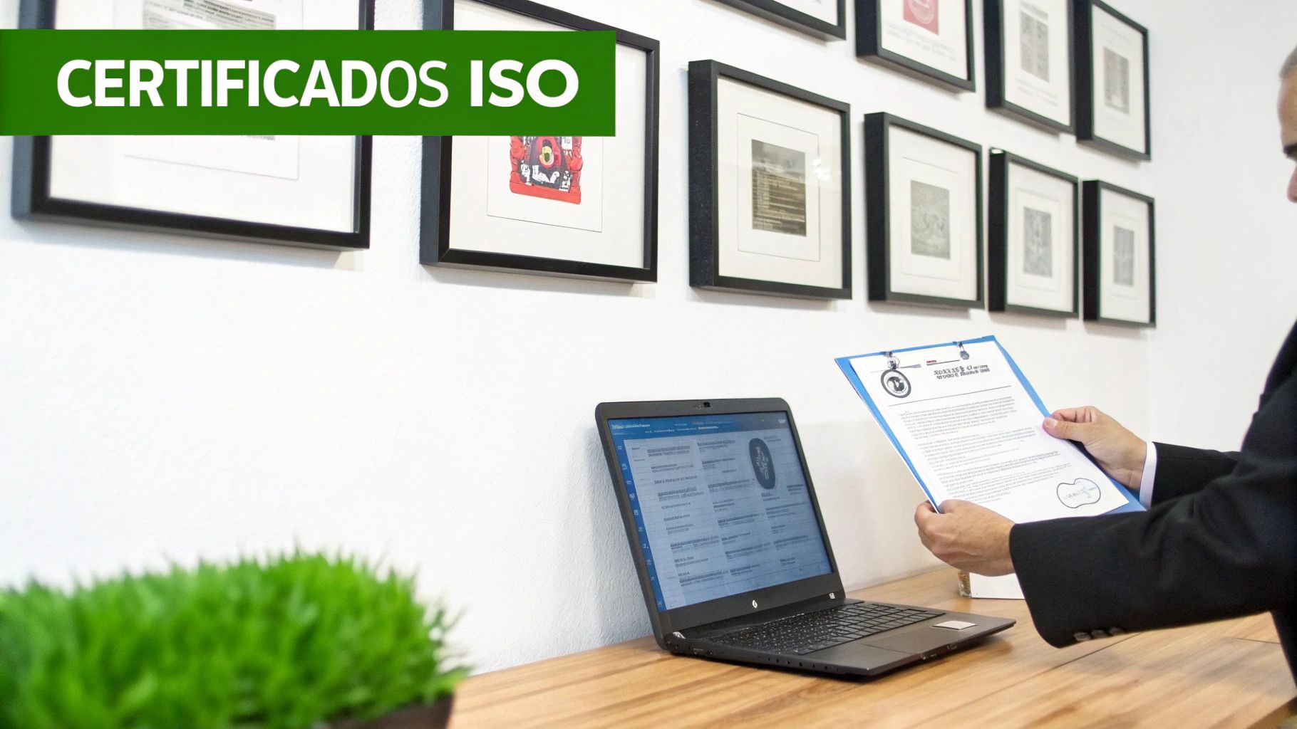 Persona en traje revisando un documento, con un portátil y certificados ISO en la pared. Gestión de calidad.