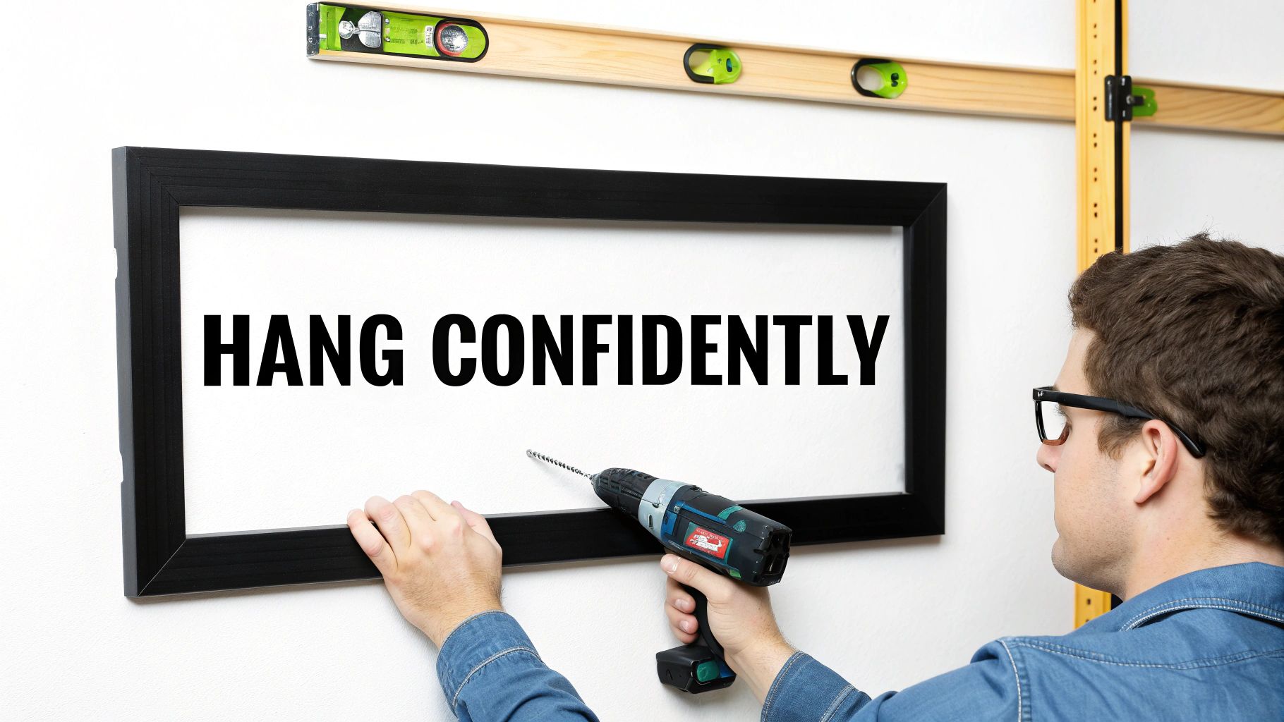 A person using a level and painter's tape to hang a photo wall display.