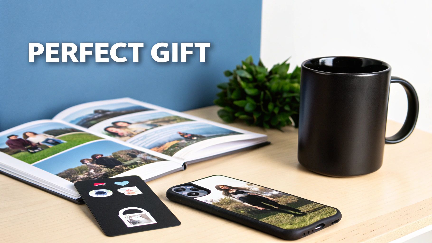 Personalized photo gifts including photo album, phone case, and mug displayed on wooden desk
