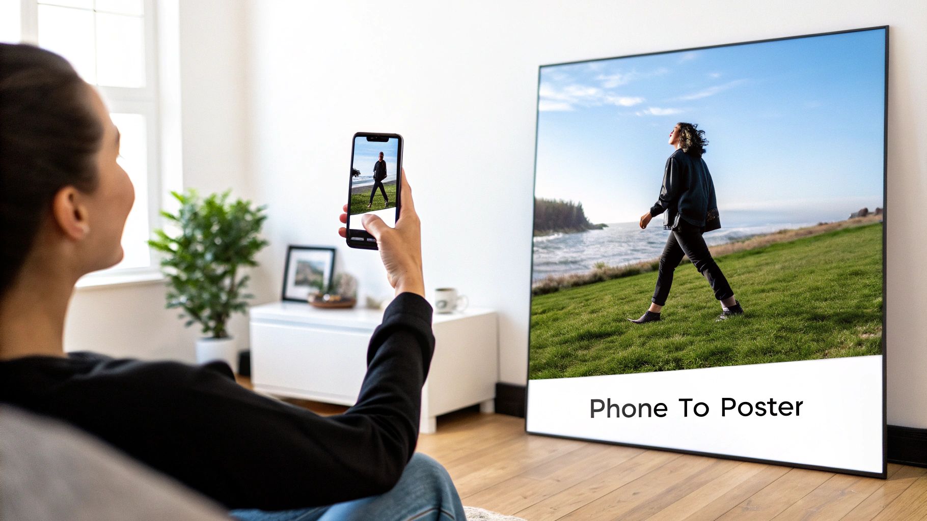 A gallery wall featuring several framed posters of personal photos in a modern living room.