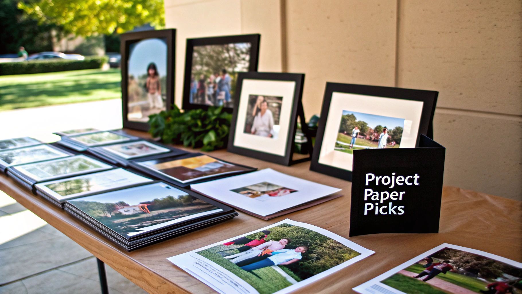 A person carefully selecting photo paper from a variety of samples laid out on a table.