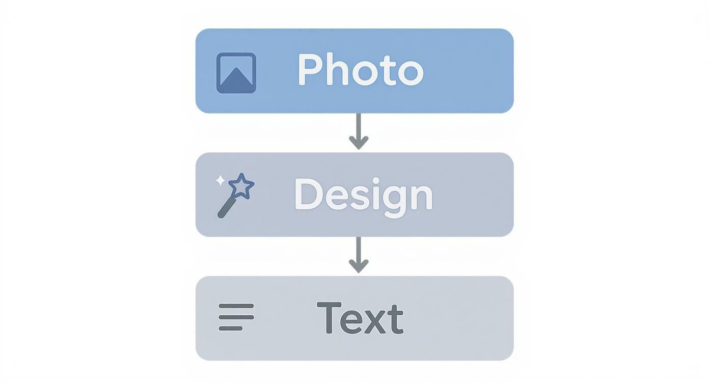 Workflow diagram showing three sequential steps: photo, design, and text for creating personalized prints