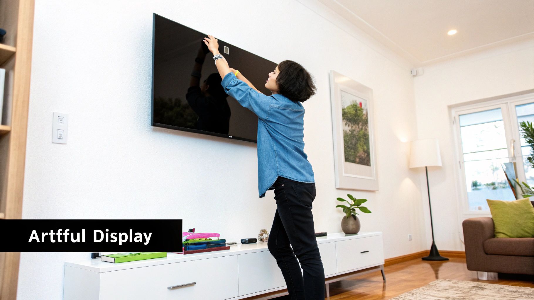 A person hanging a beautiful canvas print on a living room wall.