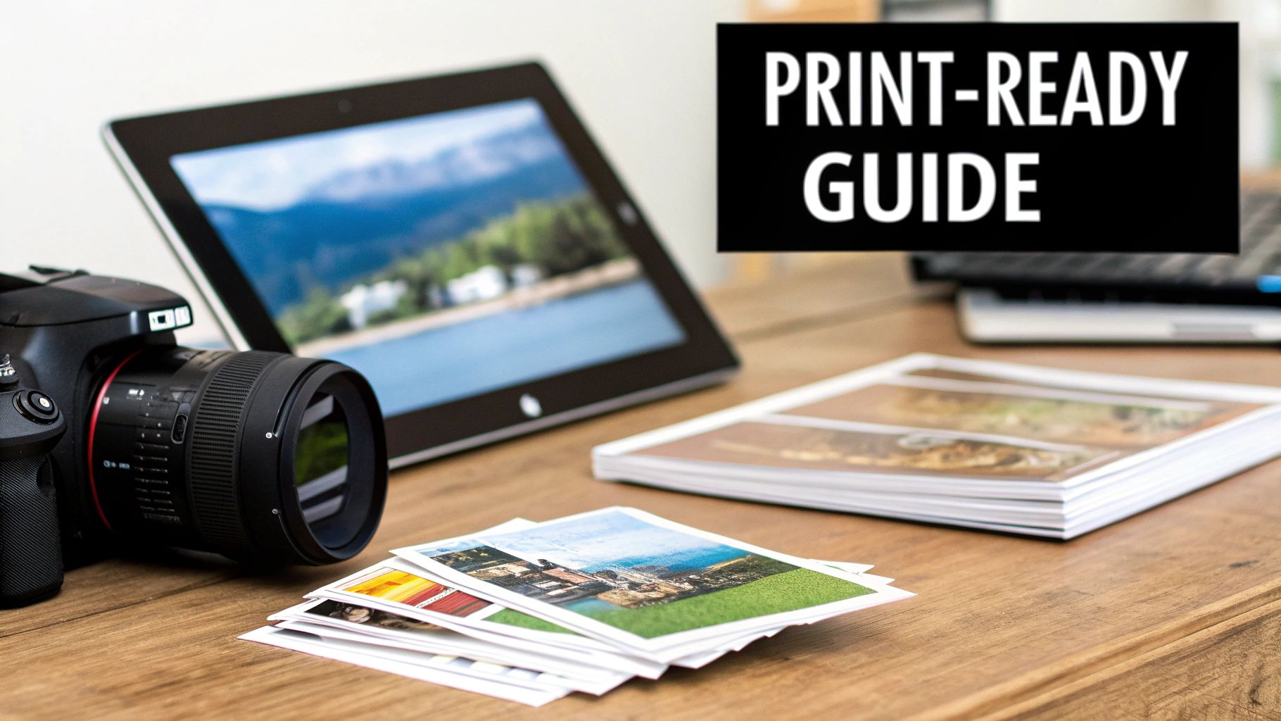 A person looking at various printed photos spread out on a wooden table, considering which format is best.