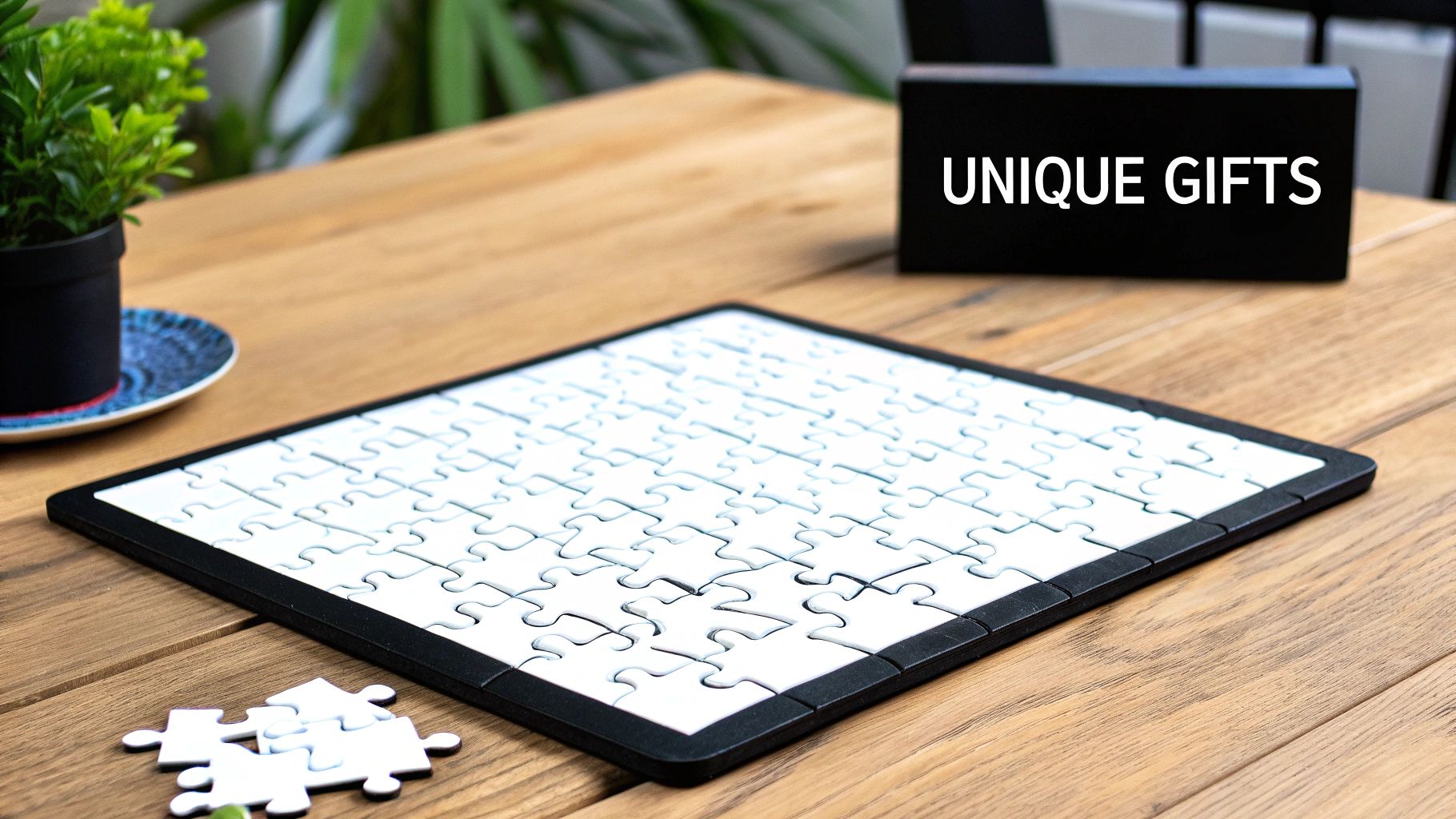 A stylish set of custom photo coasters arranged on a wooden table.