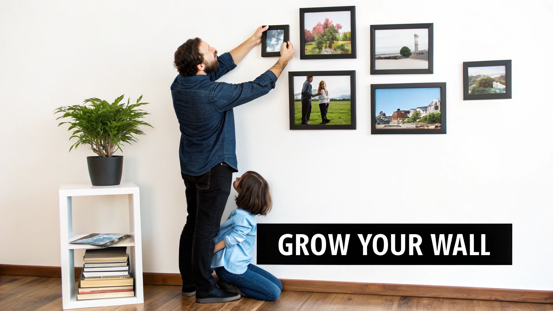 A family gallery wall being updated with a new photo, showing its evolving nature.