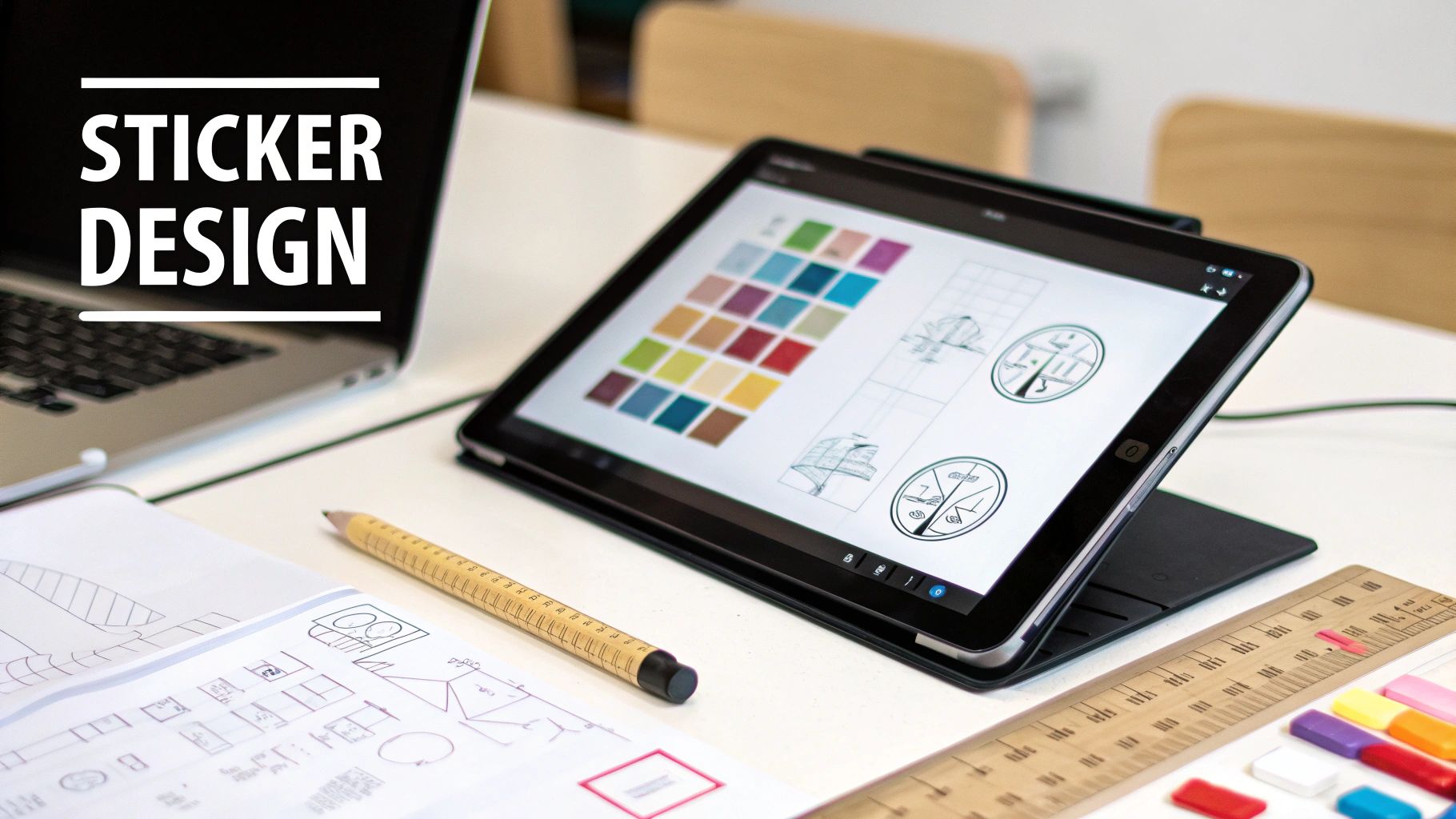 A designer working on a custom sticker design on a computer, with physical sticker examples on the desk.