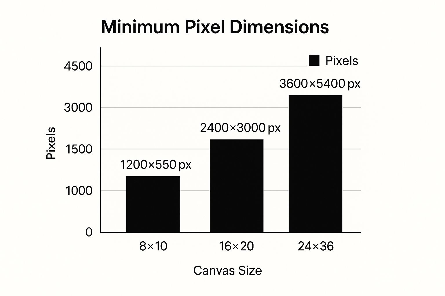 Infographic showing minimum pixel dimensions for 8x10, 16x20, and 24x36 canvas prints