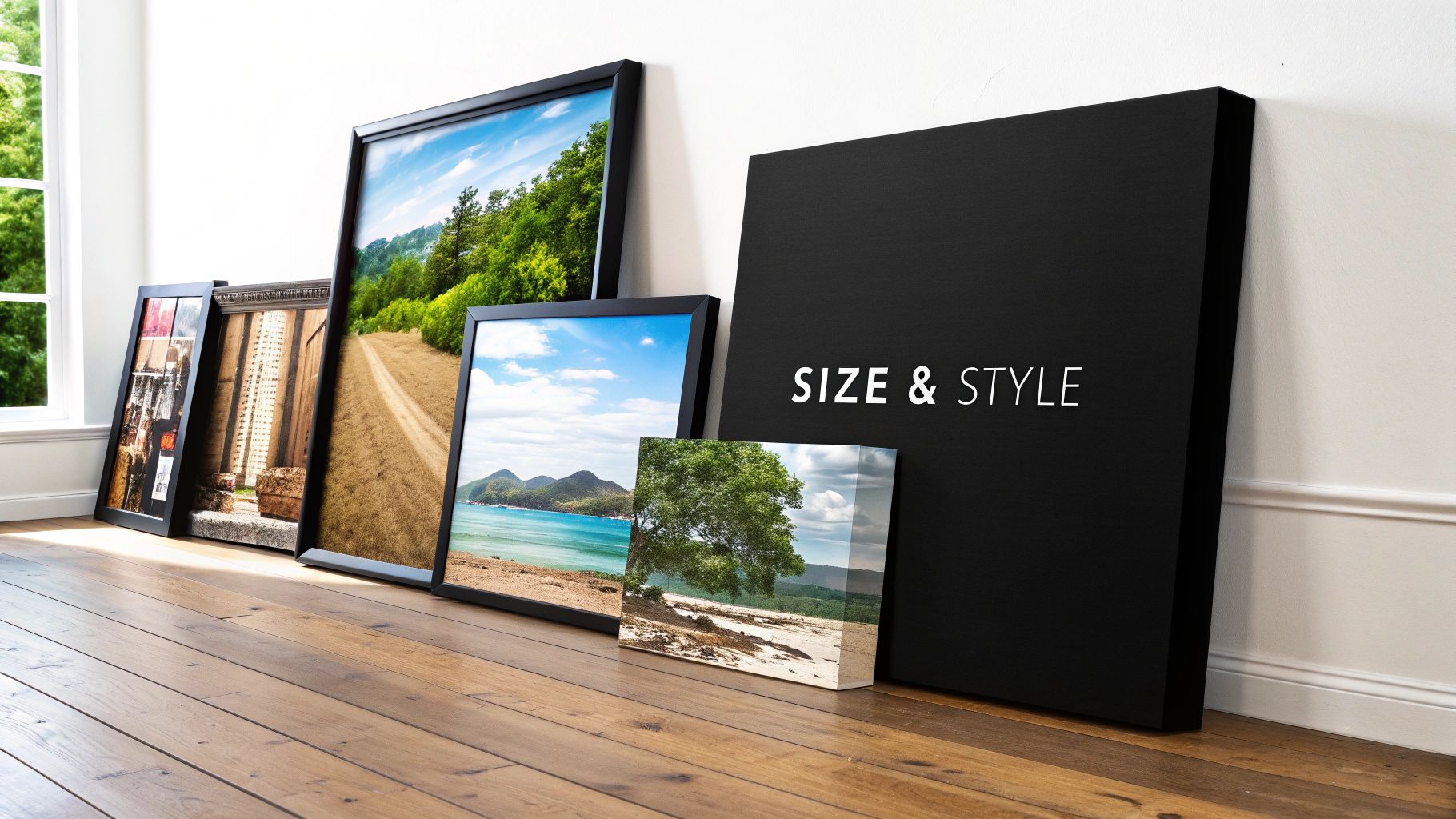 A person's hands holding a tablet displaying an online canvas print ordering interface, with a photo of a landscape being customized.