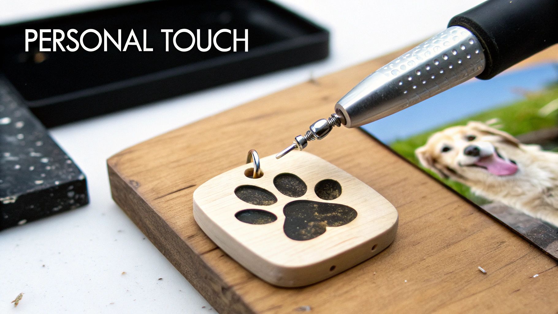 A person holding a custom pet photo gift.