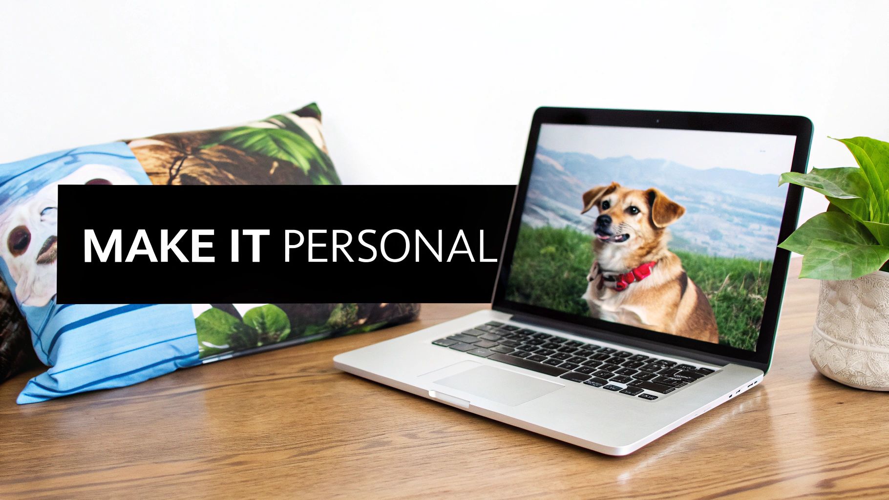 A woman's hands using a tablet to edit a photo of a dog for a custom gift.