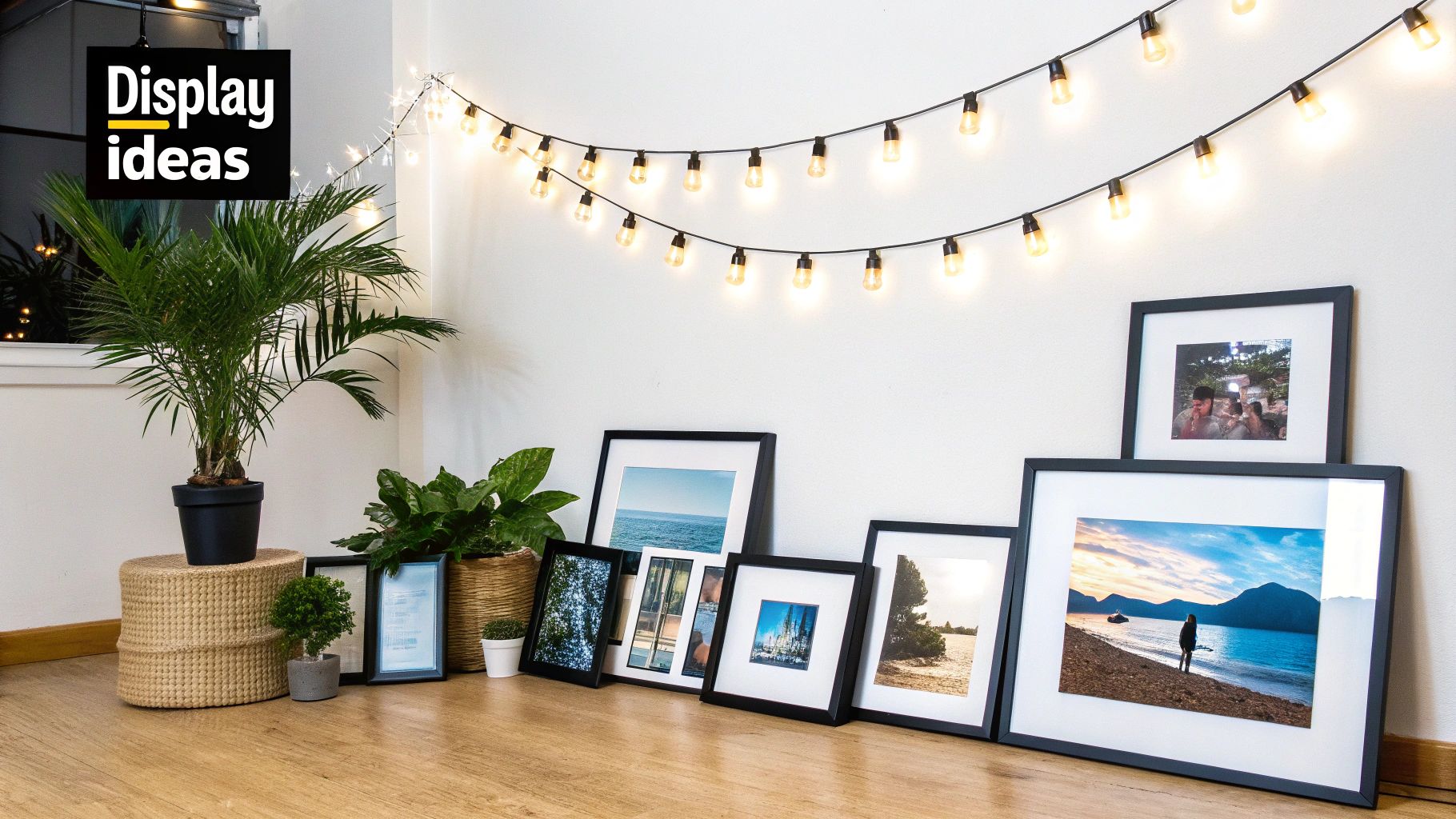 A creative gallery wall featuring a mix of framed Instagram prints in various sizes.