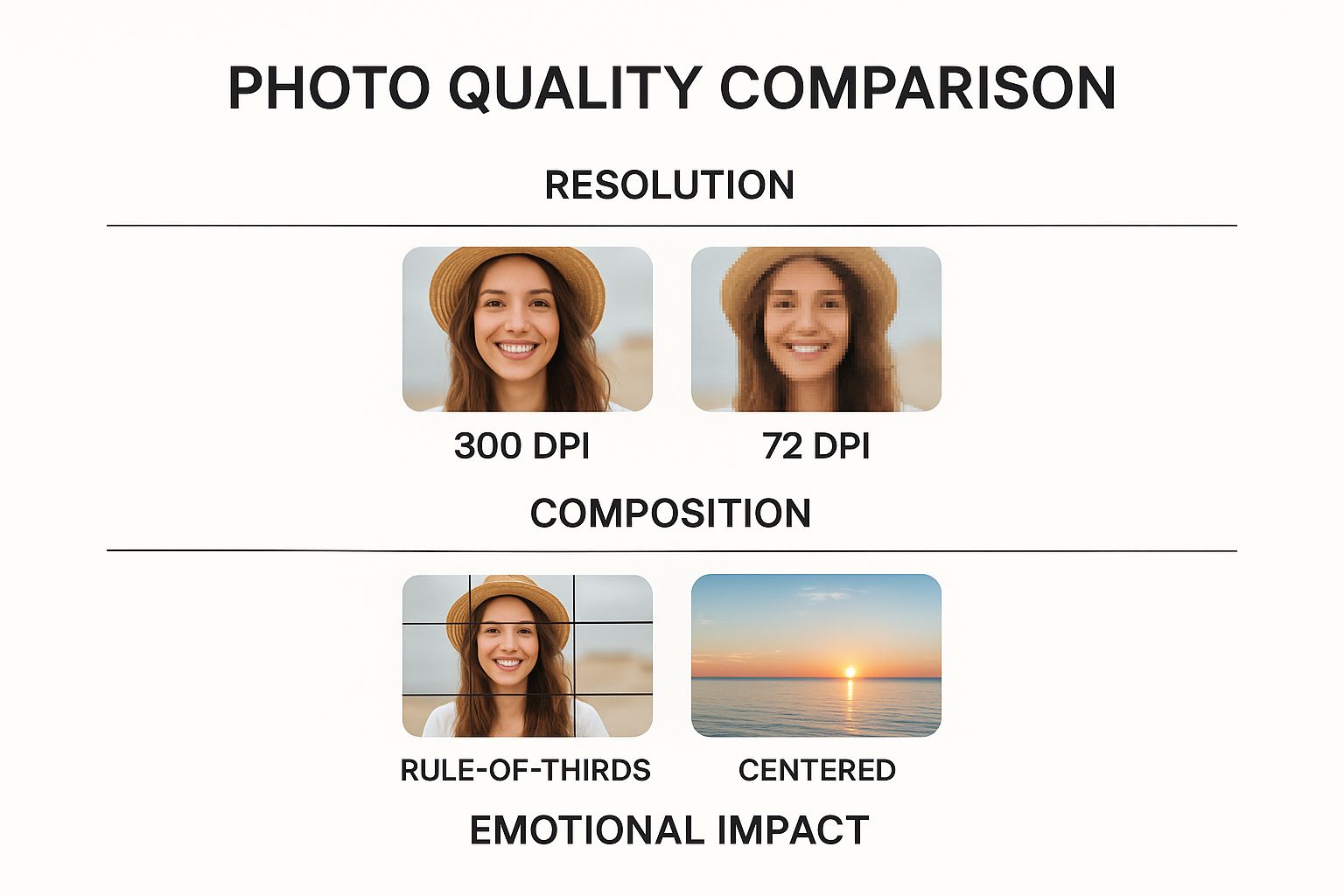 Infographic comparing photo qualities for canvas printing, including resolution, composition, and emotional impact.