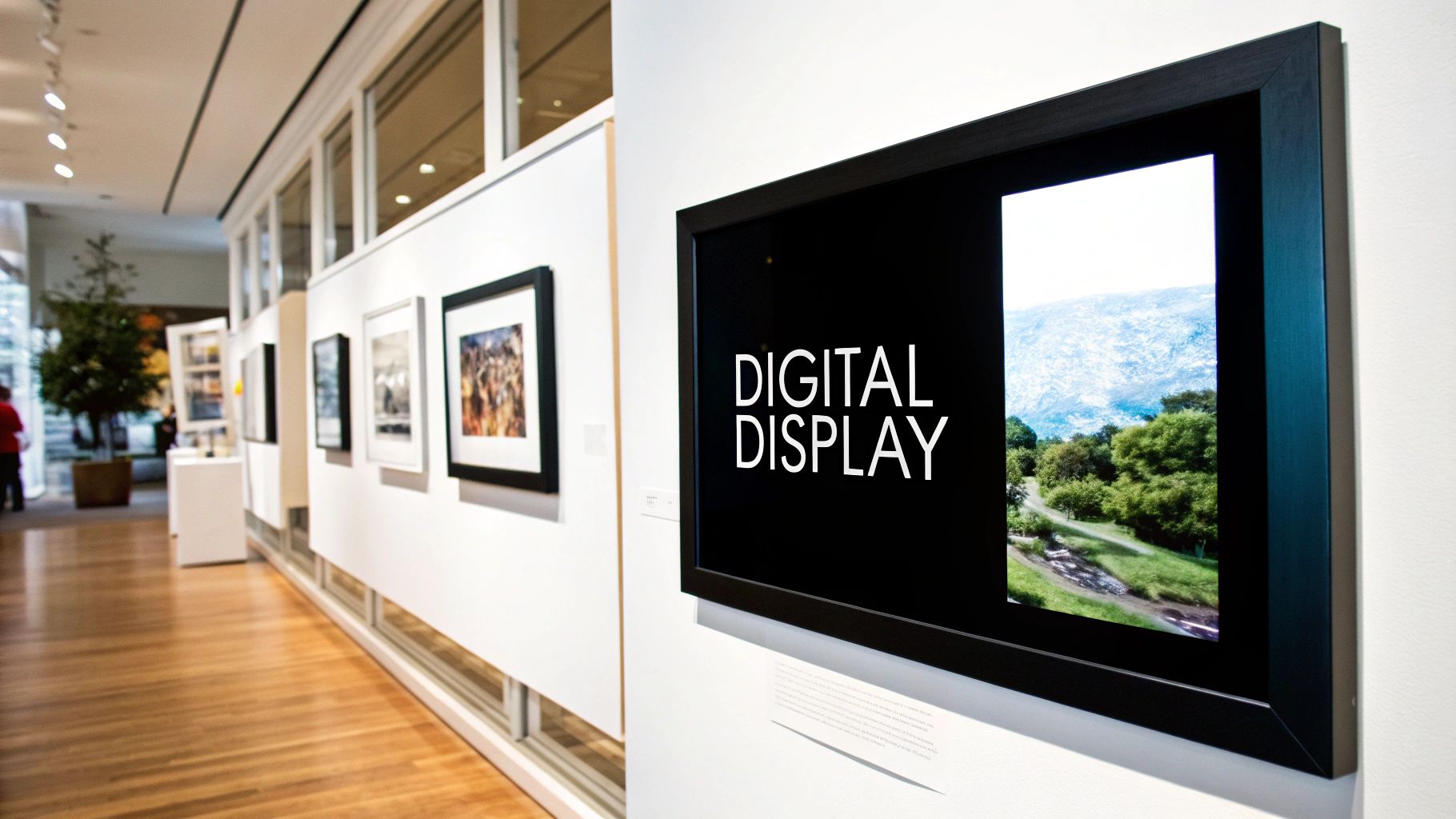 A modern living room featuring a gallery wall that incorporates a sleek digital photo frame.