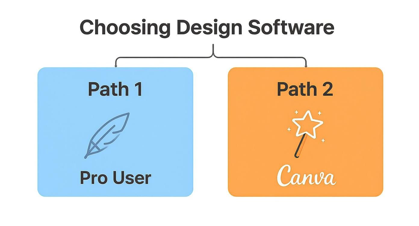 An infographic decision tree helping users choose between Adobe Illustrator for professional use and Canva for beginners.