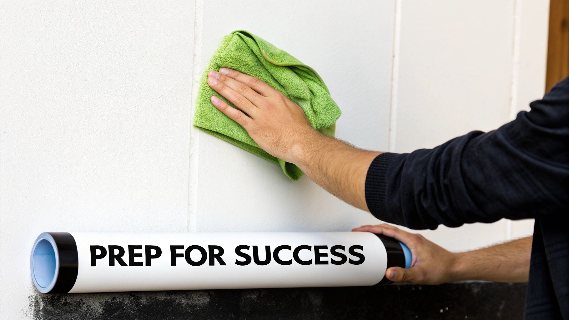 A person using a cloth to wipe down a clean, white wall before hanging a poster.