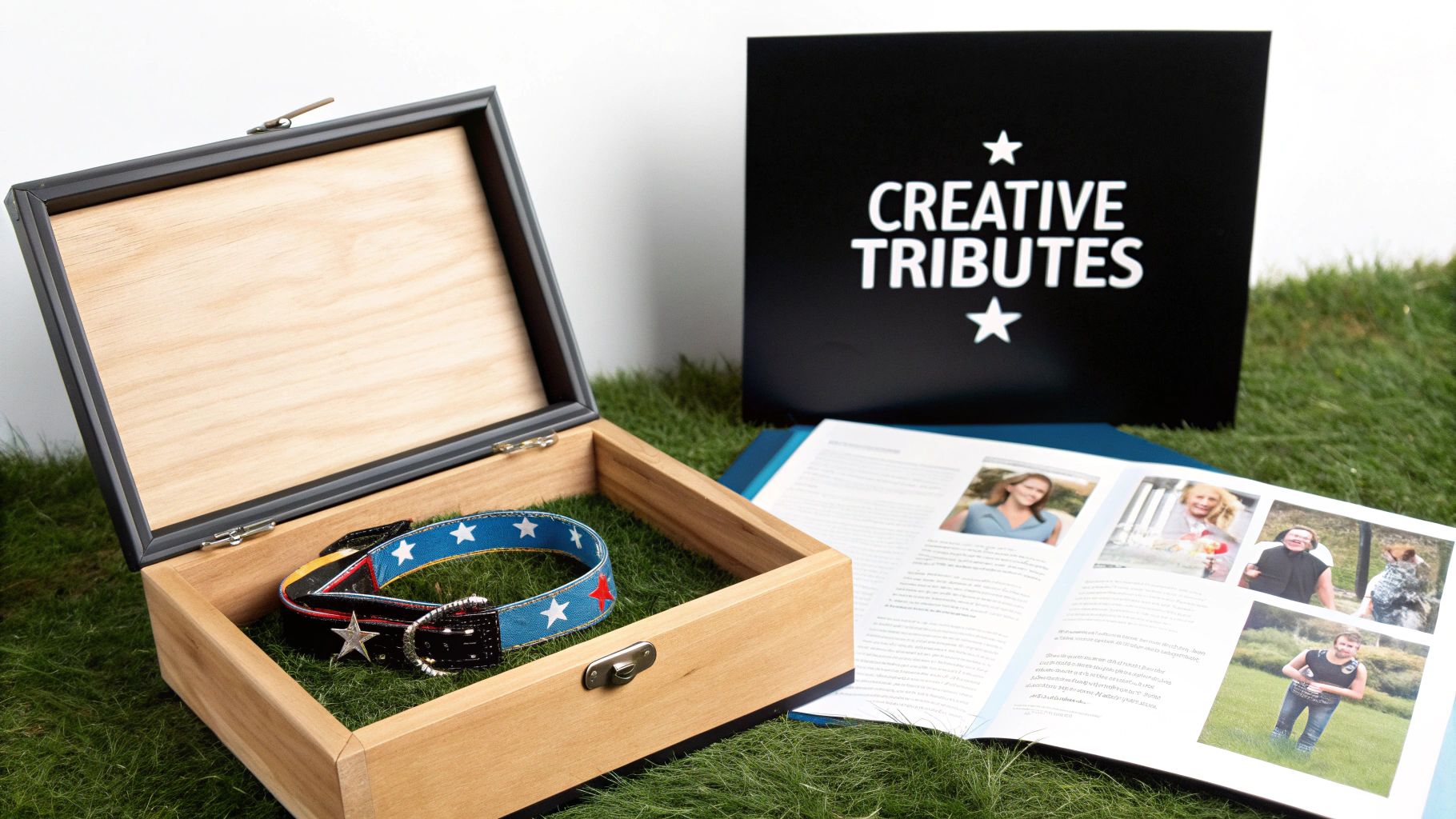 A collection of pet memorial gifts including a custom portrait, jewelry, and a memorial stone.