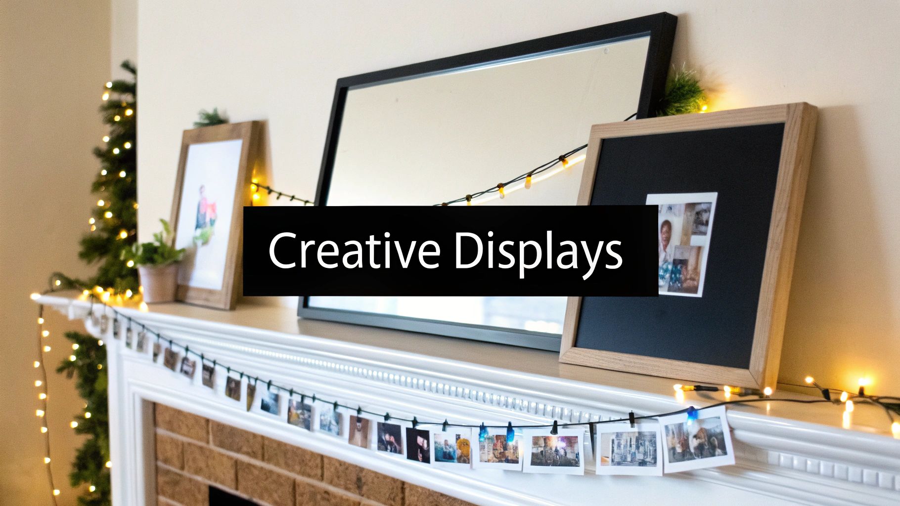 A cozy photo display using string lights and clips on a wall.