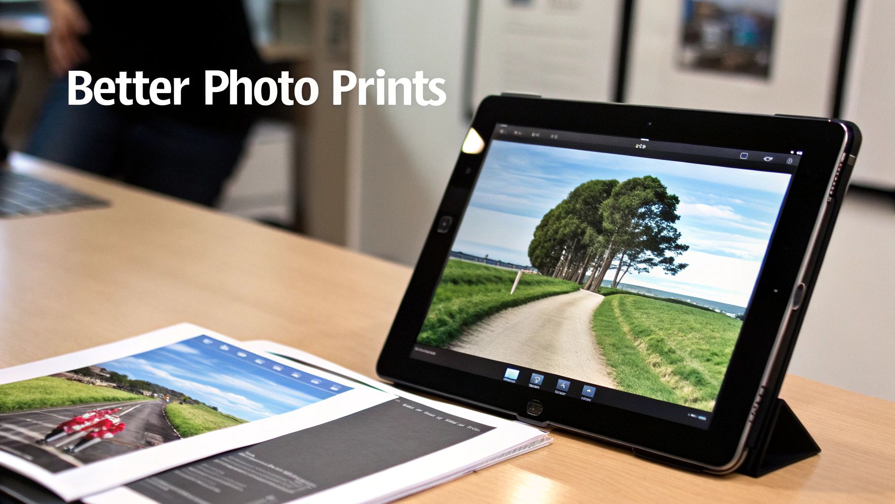 Person holding a photo print with an iPad in the background.