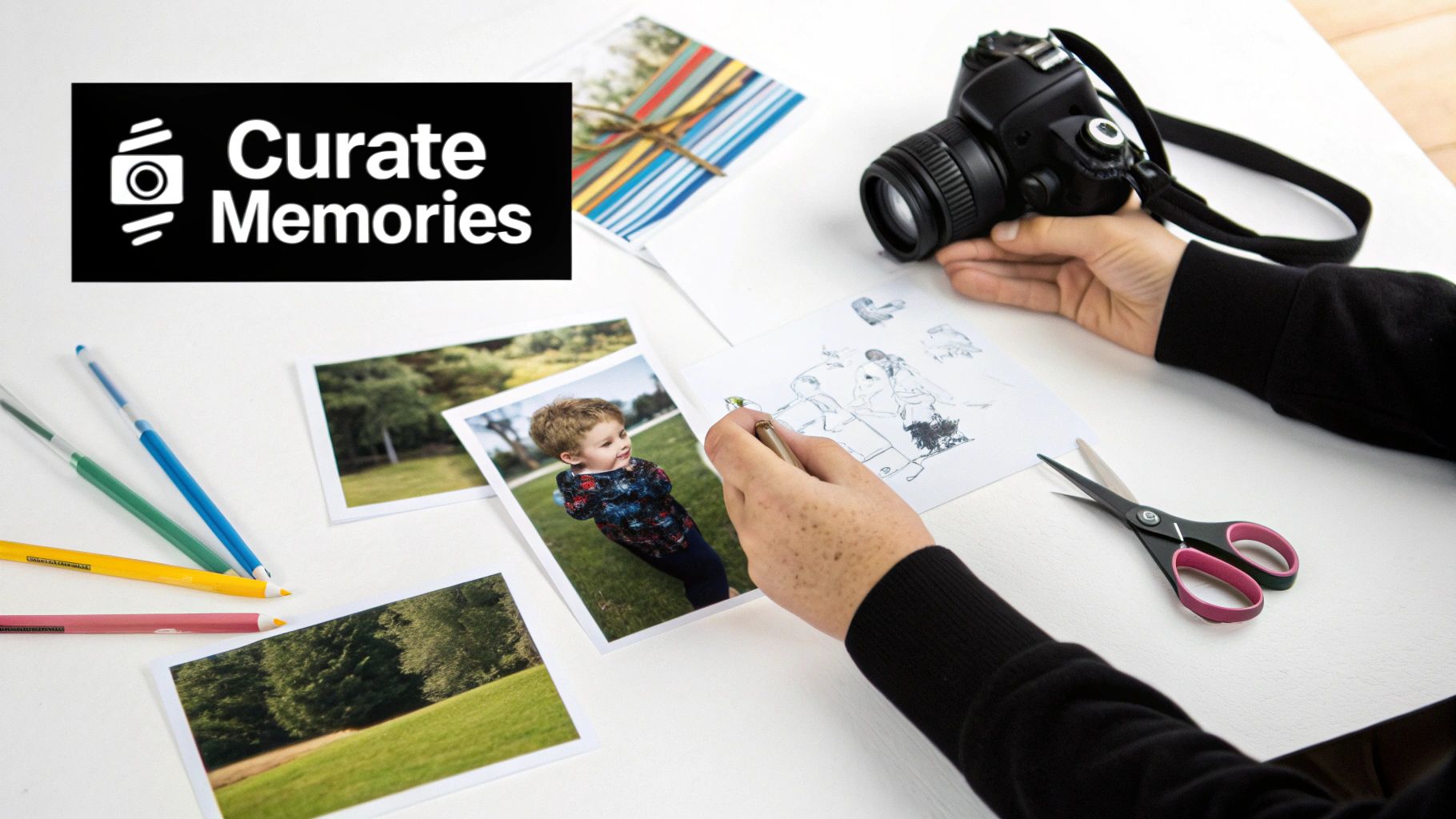 A mix of color and black and white photos arranged in a family gallery wall.