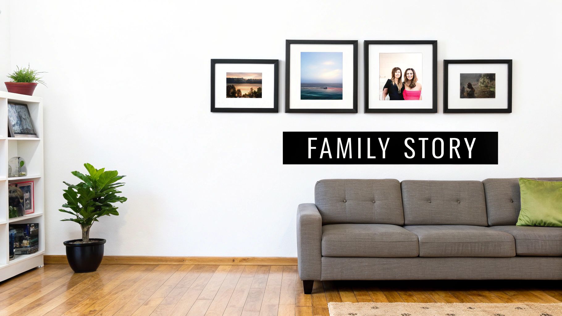 A beautifully arranged family gallery wall in a bright, modern living room.