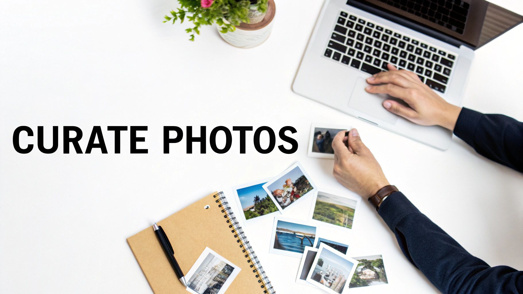 A collection of photos and art prints laid out on the floor, ready for curation.