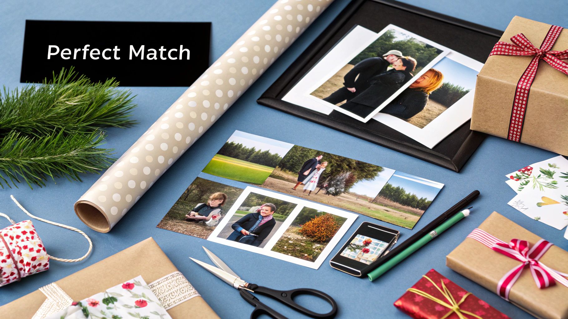 A thoughtful person selecting from various personalized photo gift options on a table.