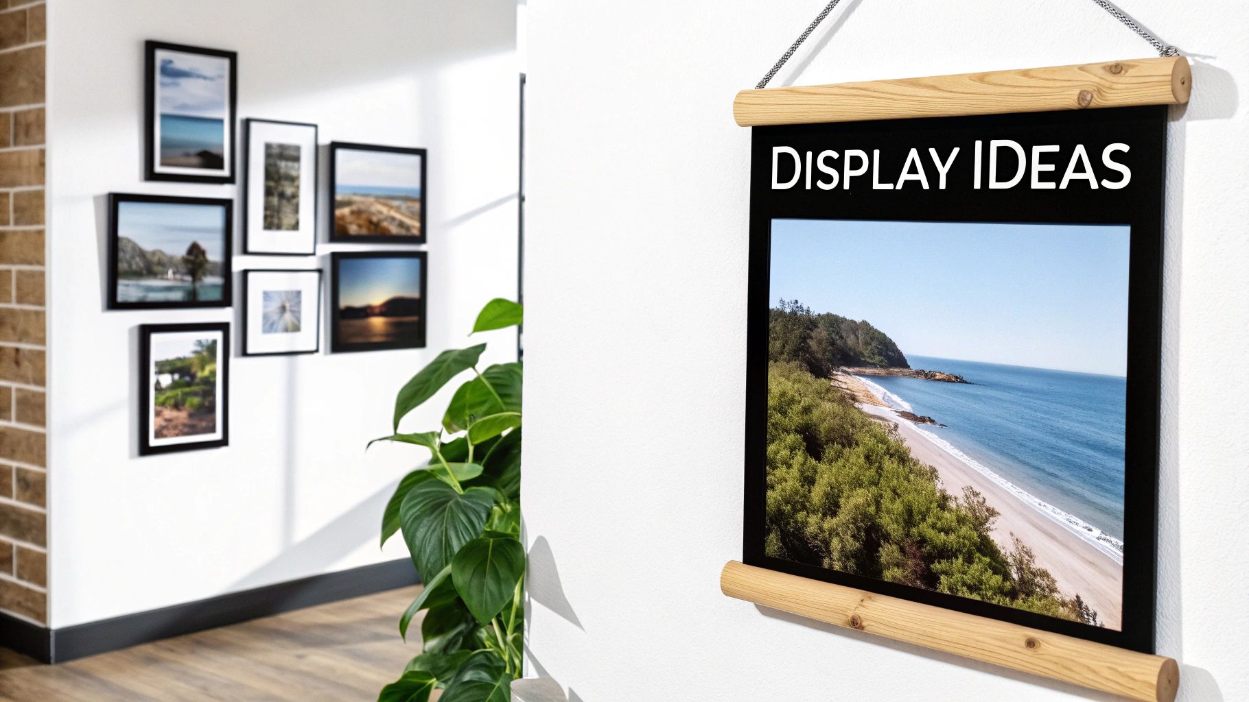 A stylishly decorated room corner with a large custom poster hanging on the wall above a modern chair.