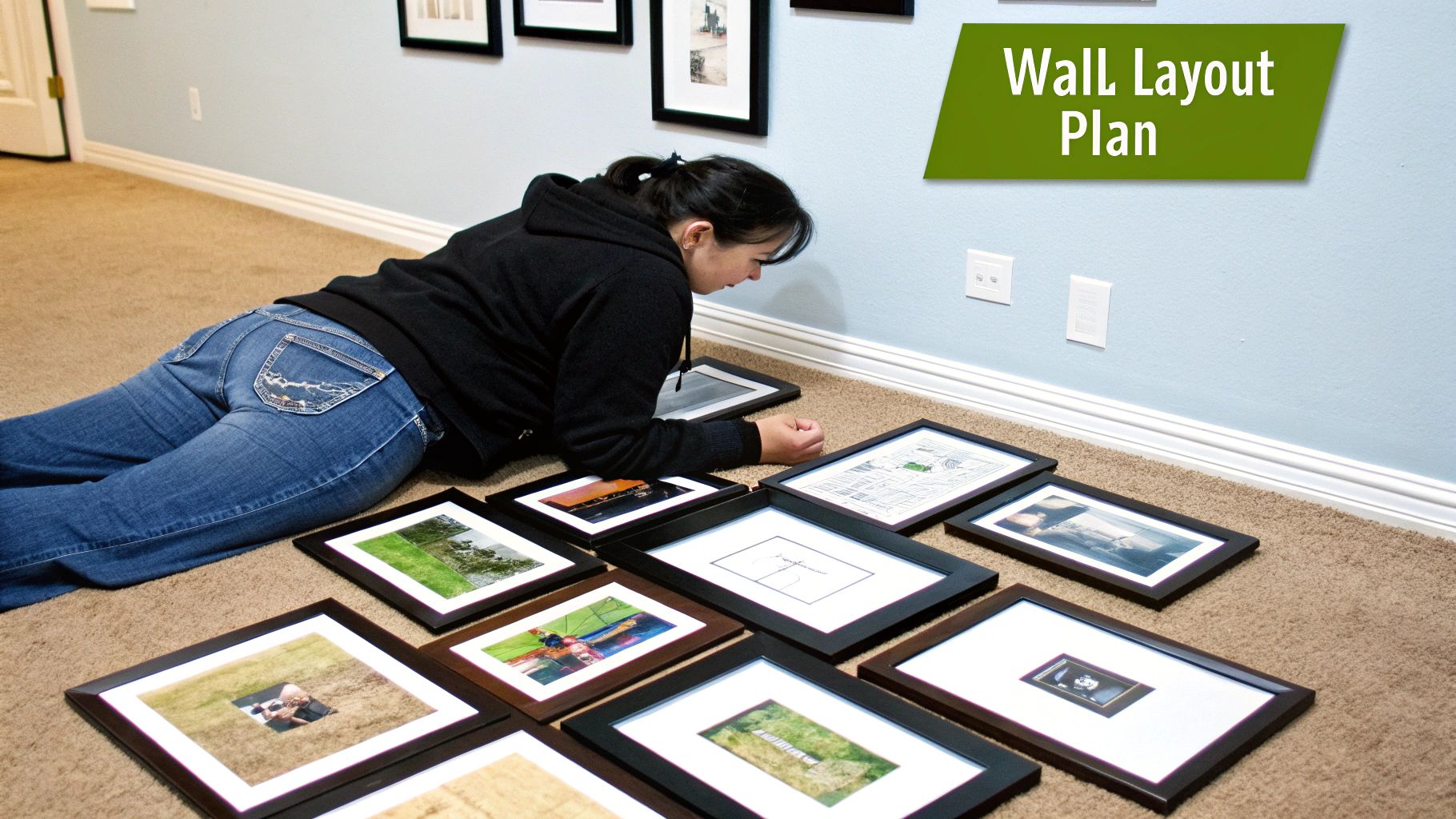 A modern living room with a large, symmetrical grid of black-and-white family photos over a sofa.