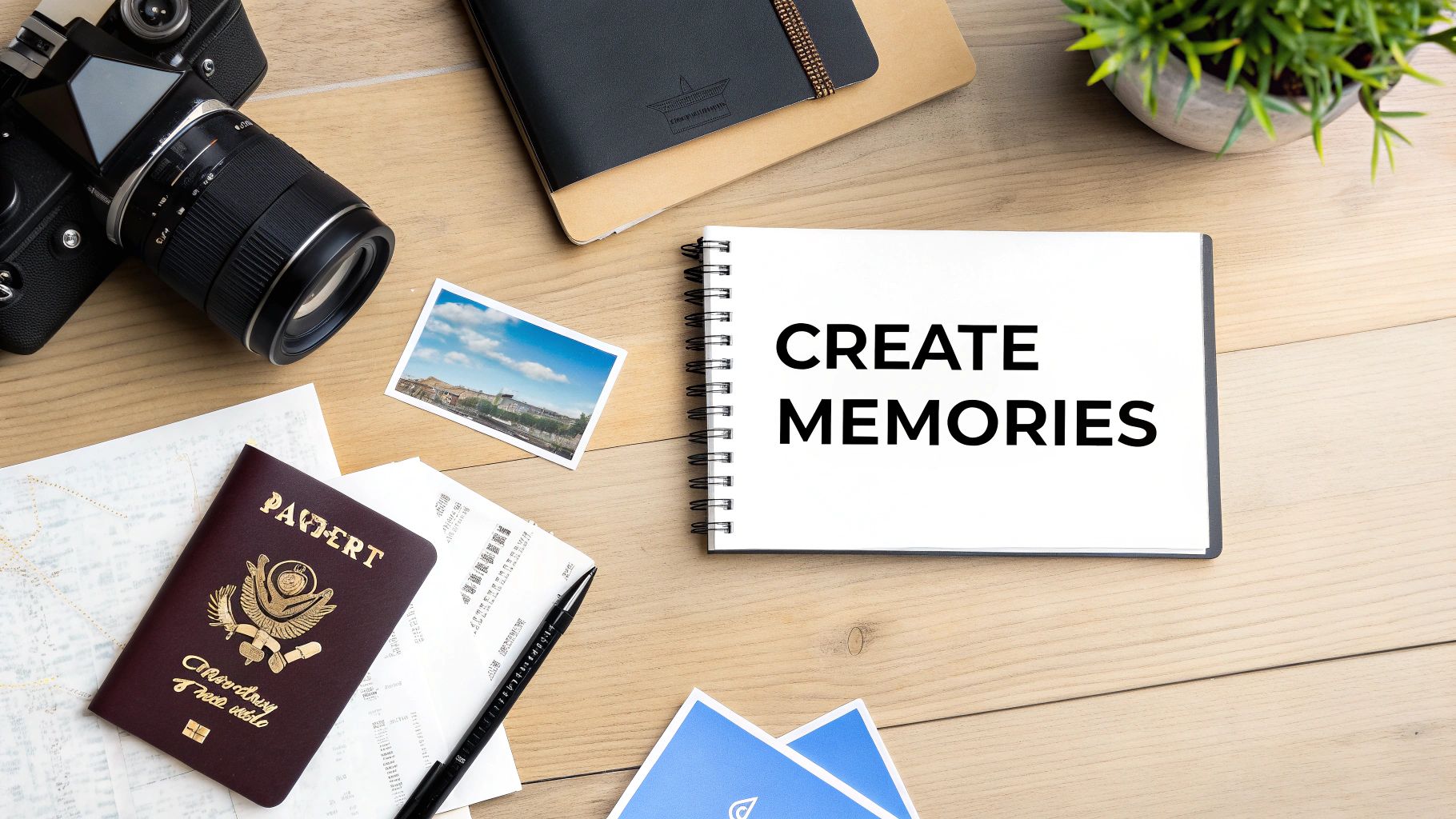Travel photography flatlay with camera, passport, tickets, and notebook displaying create memories message