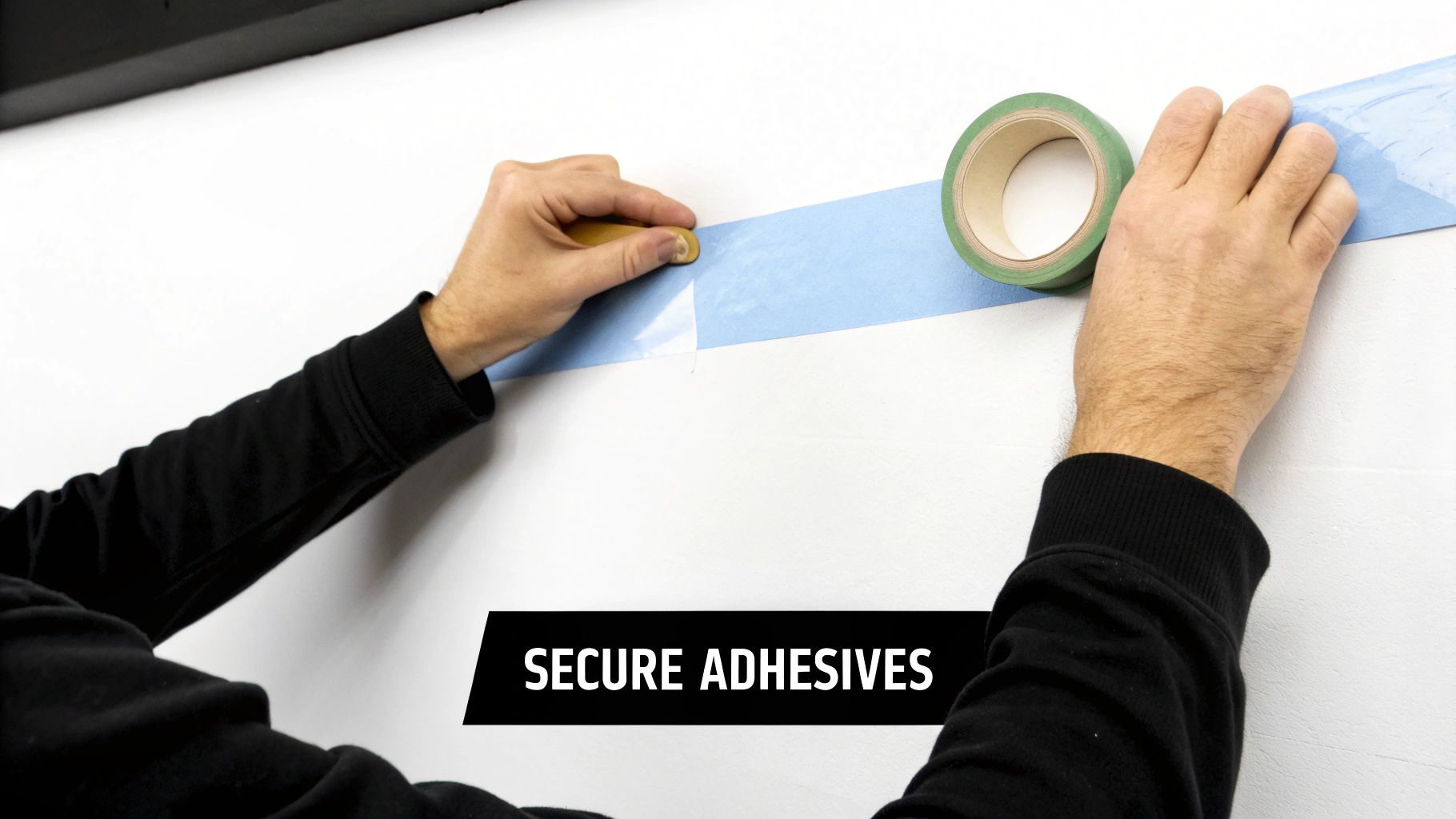 A person applying an adhesive strip to the back of a poster.