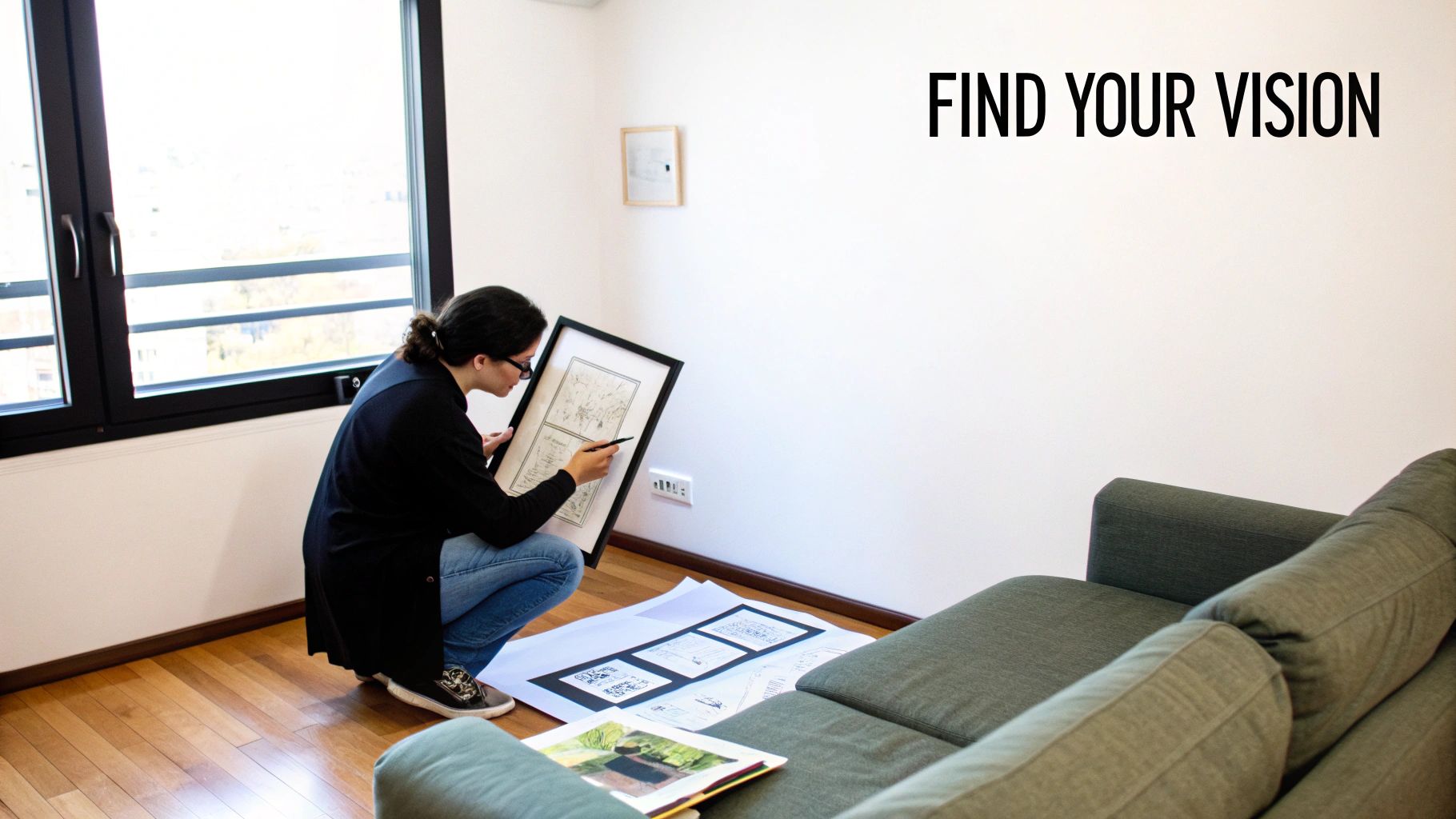 A cozy living room with a photo wall display above the sofa.