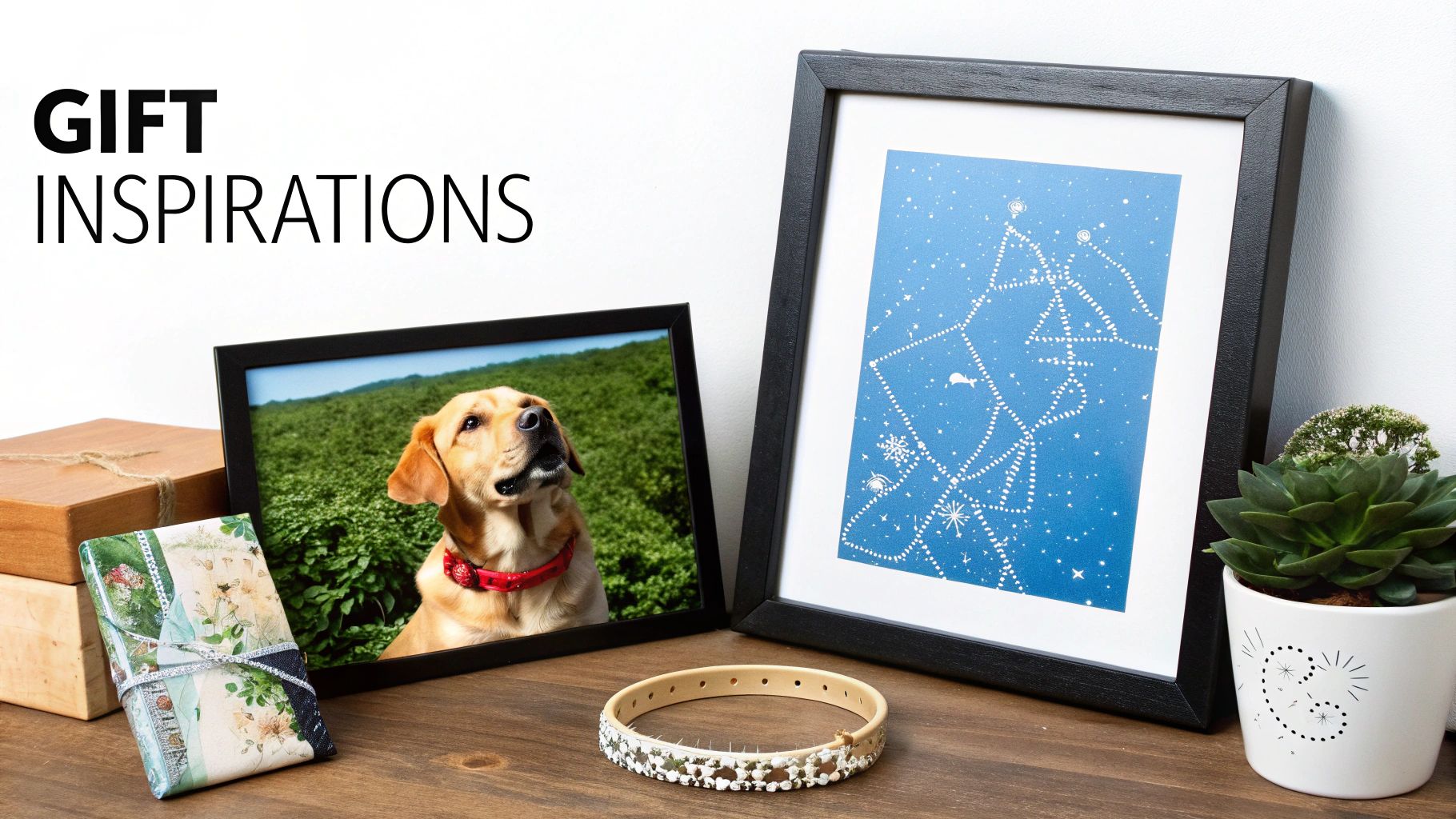 Gift inspirations display featuring framed dog photo, star constellation art, wrapped presents, jewelry and succulent plant